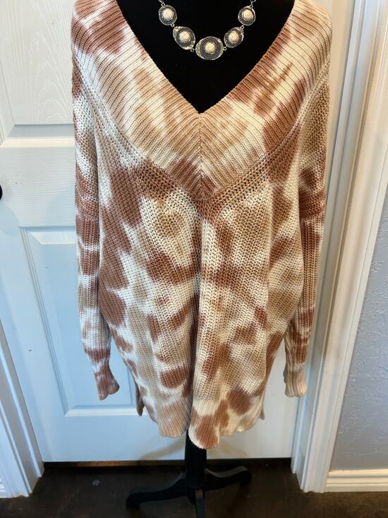 aerie Sweaters - Aerie Womens XS Oversized Chunky Knit V-Neck Tie Dye Sweater Brown Cream Slouchy